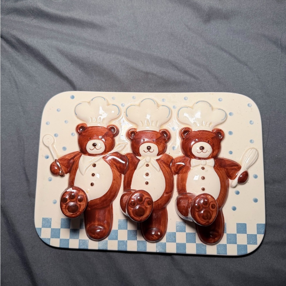 Vintage Ceramic Teddy Bear Chef Wall Hooks / Key Holder – 3 Hook